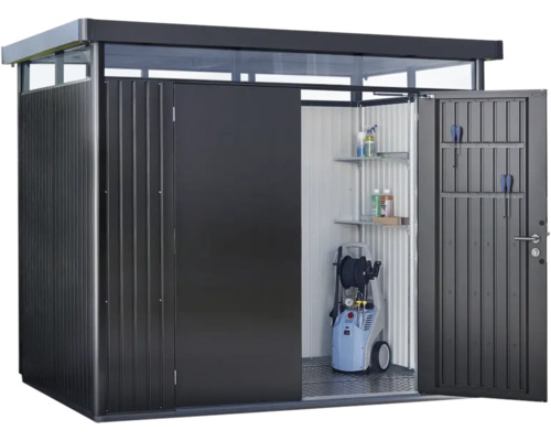 Metalen tuinhuis met schuifdeur en planken voor het opbergen van tuingereedschap