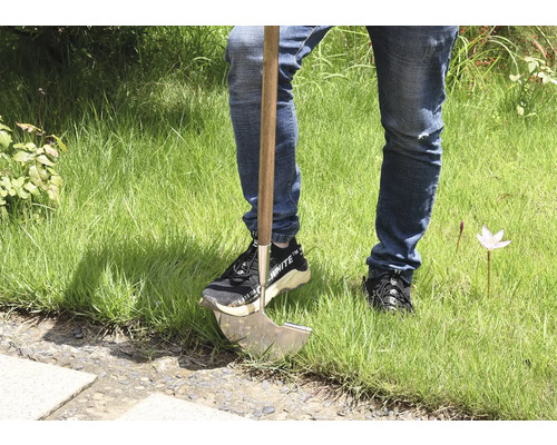 Persoon met onkruidsteker in het gras.