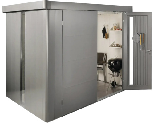 Metalen tuinhuis met schuifdeur en interieur met barbecue, planken en stoelen