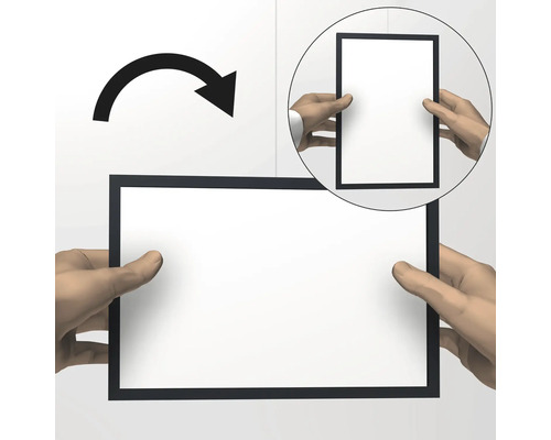 Illustratie van een poster met een zwarte lijst, die gedraaid wordt tussen liggend en staand formaat