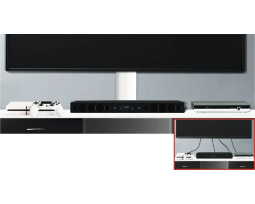 Een moderne woonkamer scène met een televisie, een spelcomputer, een geluidssysteem en een Blu-ray speler op een stijlvol televisiemeubel.