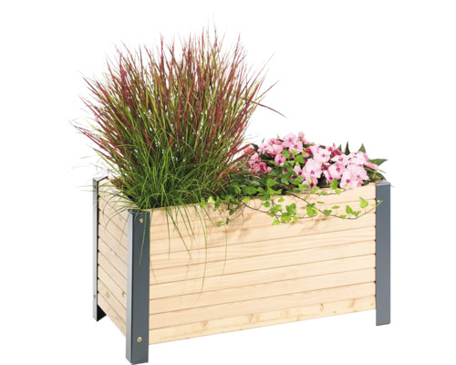 Houten plantenbak met grassen en bloemen