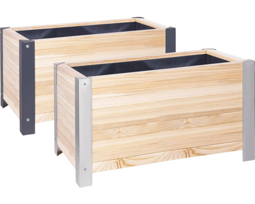 Twee houten plantenbakken met metalen hoeken