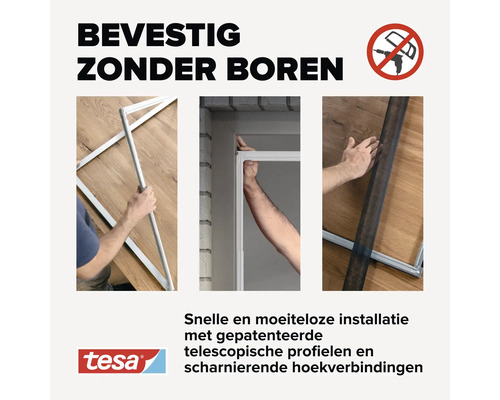 Illustratie van de installatie van een vliegengordijn zonder boren met een tesa product
