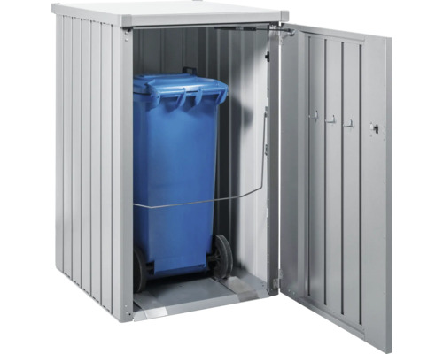 Afvalcontainerbox met open deur en blauwe afvalcontainer