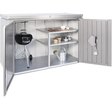 Tuinkast met barbecue, planken en tuingereedschap