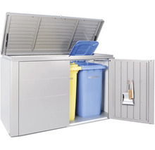 Afvalcontainerbox met twee afvalcontainers en tuingereedschap
