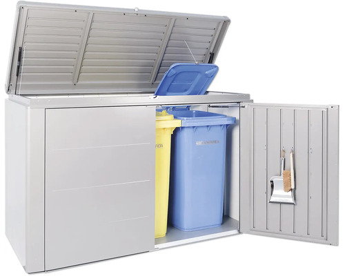 Afvalcontainerbox met twee afvalcontainers en tuingereedschap