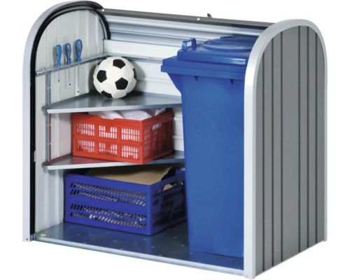 Afvalcontainerbox met planken voor het opbergen van spullen en een afvalcontainer