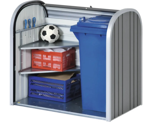 Afvalcontainerbox met planken voor het opbergen van spullen en een afvalcontainer