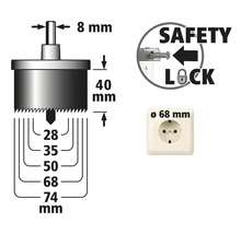 Technische tekening van een gatenzaag met de afmetingen acht millimeter, 40 millimeter, 28 millimeter, 35 millimeter, 50 millimeter, 68 millimeter en 74 millimeter, veiligheidsvergrendeling en stopcontact met een diameter van 68 millimeter