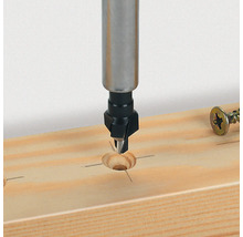 Forstnerboor bij het boren van een gat in een houten plank.