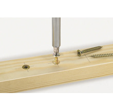 Schroef wordt met schroevendraaier in een houten plank geschroefd