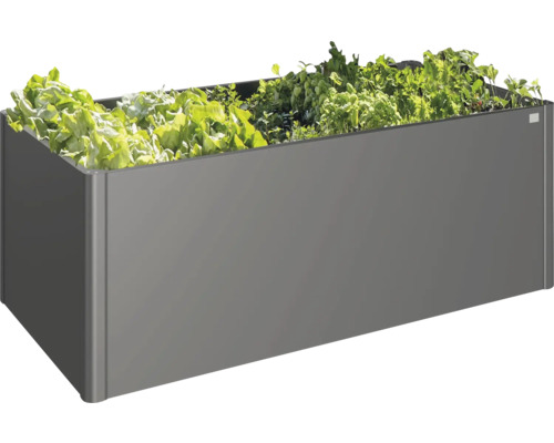 Rechthoekige metalen plantenbak met groene planten.