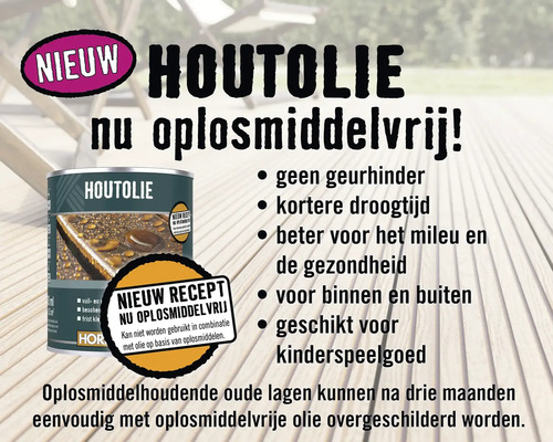 Houtolie, nu oplosmiddelvrij. Geschikt voor binnen en buiten en voor kinderspeelgoed.