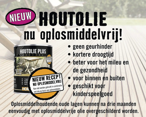Afbeelding van houtolie die nu oplosmiddelvrij is, met extra voordelen zoals geen geurhinder, kortere droogtijd en geschikt voor kinderspeelgoed.