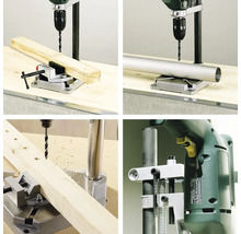 Verschillende aanzichten van een boormachine met boorstandaard bij het bewerken van hout en metaal.