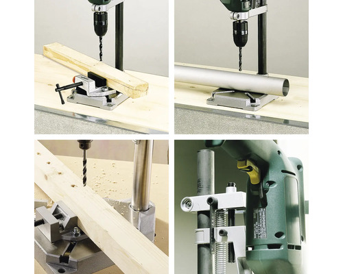 Verschillende aanzichten van een boormachine met boorstandaard bij het bewerken van hout en metaal.