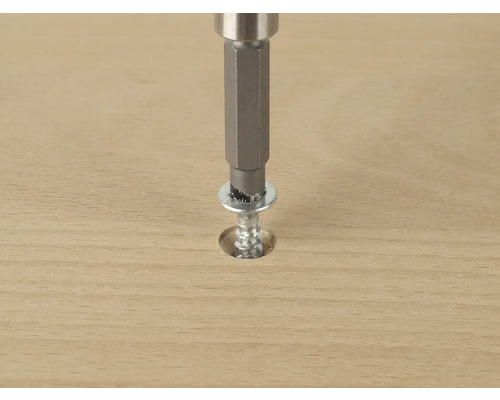 Schroef met sluitring die met een schroevendraaier in hout wordt geschroefd