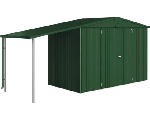 Tuinhuis met overkapping voor extra opbergruimte buiten.