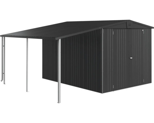 Metalen tuinhuis met luifel voor de opslag van tuingereedschap