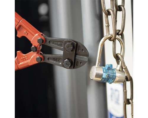 Boltensnijder snijdt ketting met cijferslot