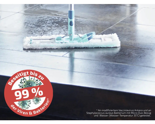 Vloermop op tegelvloer met zegel voor 99 procent virus- en bacterieverwijdering