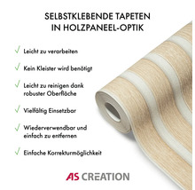 Zelfklevend behang in houten lambriseringlook op rol met producteigenschappen en AS Creation logo