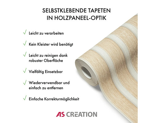 Zelfklevend behang in houten lambriseringlook op rol met producteigenschappen en AS Creation logo