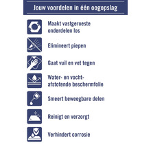 Productvoordelen in één oogopslag: Maakt vastgeroeste onderdelen los, elimineert piepen, gaat vuil en vet tegen, water- en vochtafstotende beschermfolie, smeert beweegbare delen, reinigt en verzorgt, verhindert corrosie