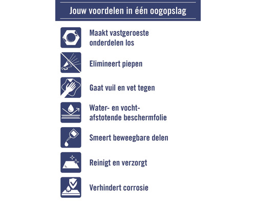 Productvoordelen in één oogopslag: Maakt vastgeroeste onderdelen los, elimineert piepen, gaat vuil en vet tegen, water- en vochtafstotende beschermfolie, smeert beweegbare delen, reinigt en verzorgt, verhindert corrosie