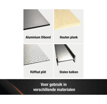Selectie van verschillende materialen: Aluminium Dibond, houten plank, traanplaat, stalen balken