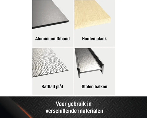 Selectie van verschillende materialen: Aluminium Dibond, houten plank, traanplaat, stalen balken