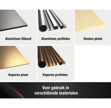 Selectie van materialen: Aluminium Dibond plaat, aluminium profielen, houten plank, koperen plaat, koperen profielen