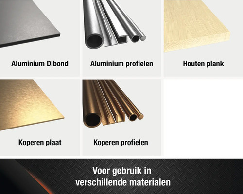 Selectie van materialen: Aluminium Dibond plaat, aluminium profielen, houten plank, koperen plaat, koperen profielen