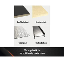 Overzicht van verschillende materialen: zeefdrukplaat, houten plank, traanplaat, stalen balken.