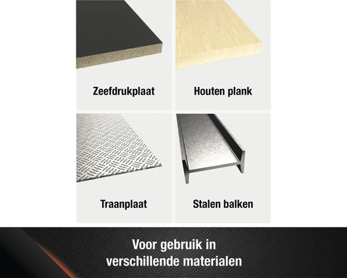 Overzicht van verschillende materialen: zeefdrukplaat, houten plank, traanplaat, stalen balken.