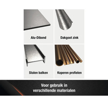 Productoverzicht: Aluminium composietplaat, zinken dakgoot, stalen balken en koperen profielen.