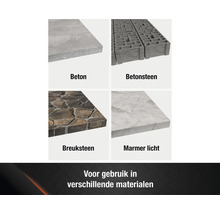 Overzicht van verschillende materialen: beton, betonsteen, breuksteen, licht marmer