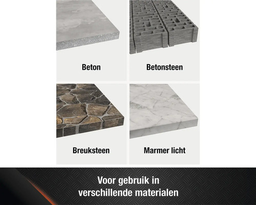 Overzicht van verschillende materialen: beton, betonsteen, breuksteen, licht marmer