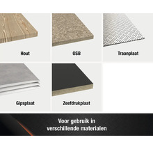 Overzicht van verschillende houtmaterialen: hout, OSB-plaat, traanplaat, gipsplaat, zeefdrukplaat