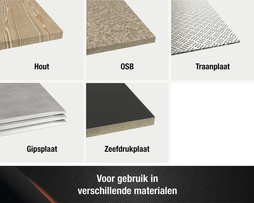 Overzicht van verschillende houtmaterialen: hout, OSB-plaat, traanplaat, gipsplaat, zeefdrukplaat