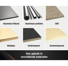 Selectie van verschillende materialen: aluminium dibond, aluminium profielen, OSB, multiplex, zeefdrukplaat, sandwichpaneel