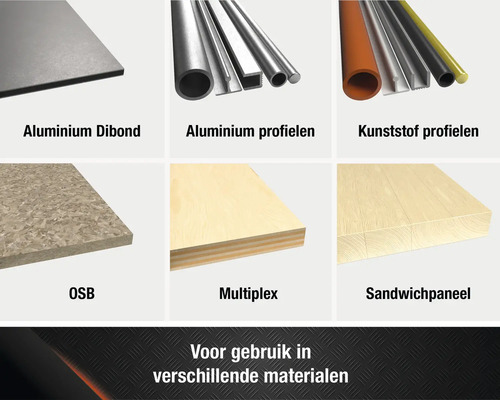 Assortiment materialen: Aluminium Dibond, aluminium profielen, kunststof profielen, OSB, multiplex, sandwichpaneel
