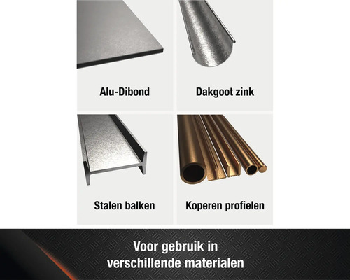 Weergave van verschillende materialen: aluminium composiet paneel, zinken dakgoot, stalen balken en koperen profielen