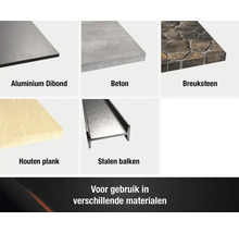 Productoverzicht van verschillende materialen: aluminium dibond, beton, breuksteen, houten plank, stalen balken