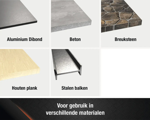 Productoverzicht van verschillende materialen: aluminium dibond, beton, breuksteen, houten plank, stalen balken