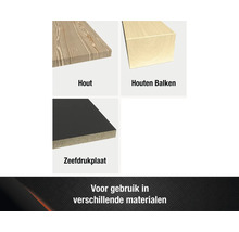 Illustratie van verschillende materialen: hout, houten balken en zeefdrukplaat.