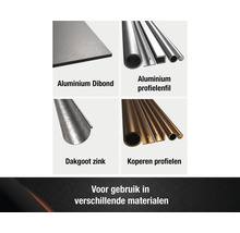 Overzicht van verschillende metalen materialen: Aluminium Dibond, aluminium profielen, zinken dakgoot en koperen profielen.