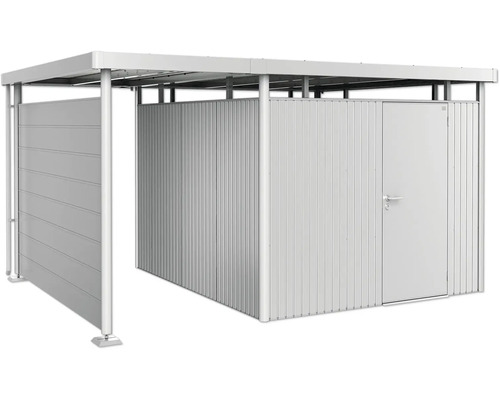 Metalen gereedschapsschuur met deur en overkapping voor de tuin